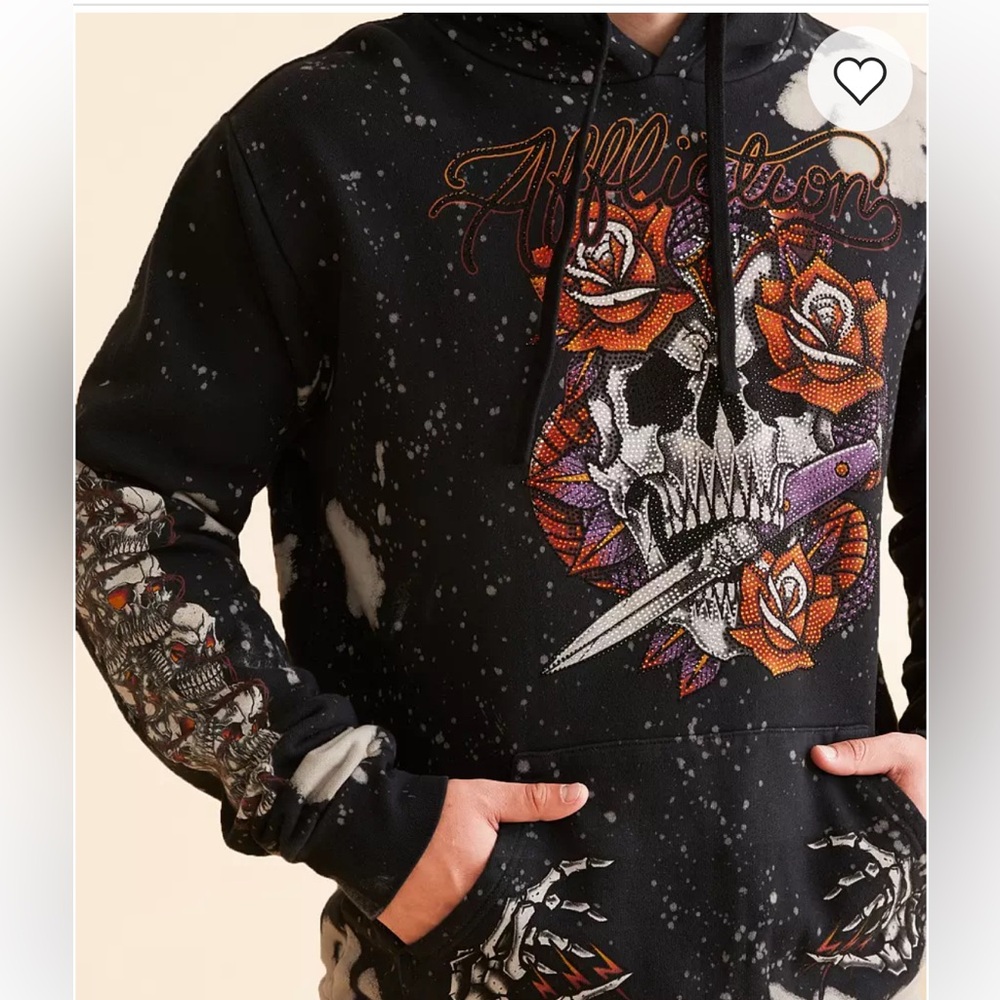 Affliction Black Label Rhinestone Hoodie Grease Mob‎ Men L Skull Rose Dagger NEW